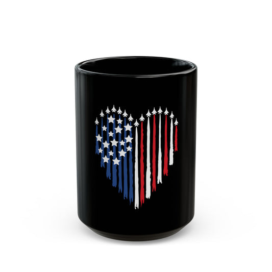Patriotic Jet Heart Mug – American Flag Heart with Fighter Jets – USA Air Force Inspired Coffee Mug – Red White Blue Military Love Cup  Mug (11oz, 15oz)