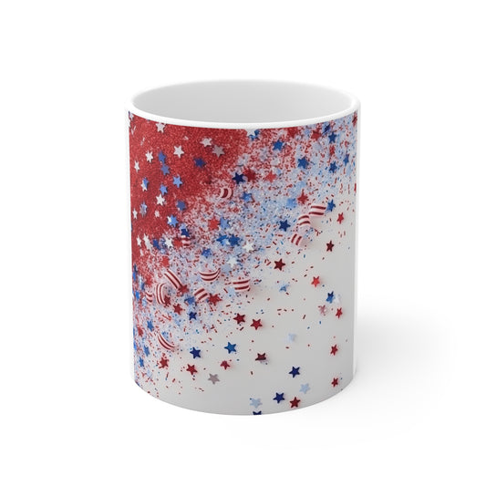 Patriotic Glitter Confetti Coffee Mug – Red White Blue Sparkle Mug – Festive USA Stars Cup – Celebration Americana Mug Patriotic Red White & Blue Star Splash Mug — 11oz Fourth of July Coffee Cup...