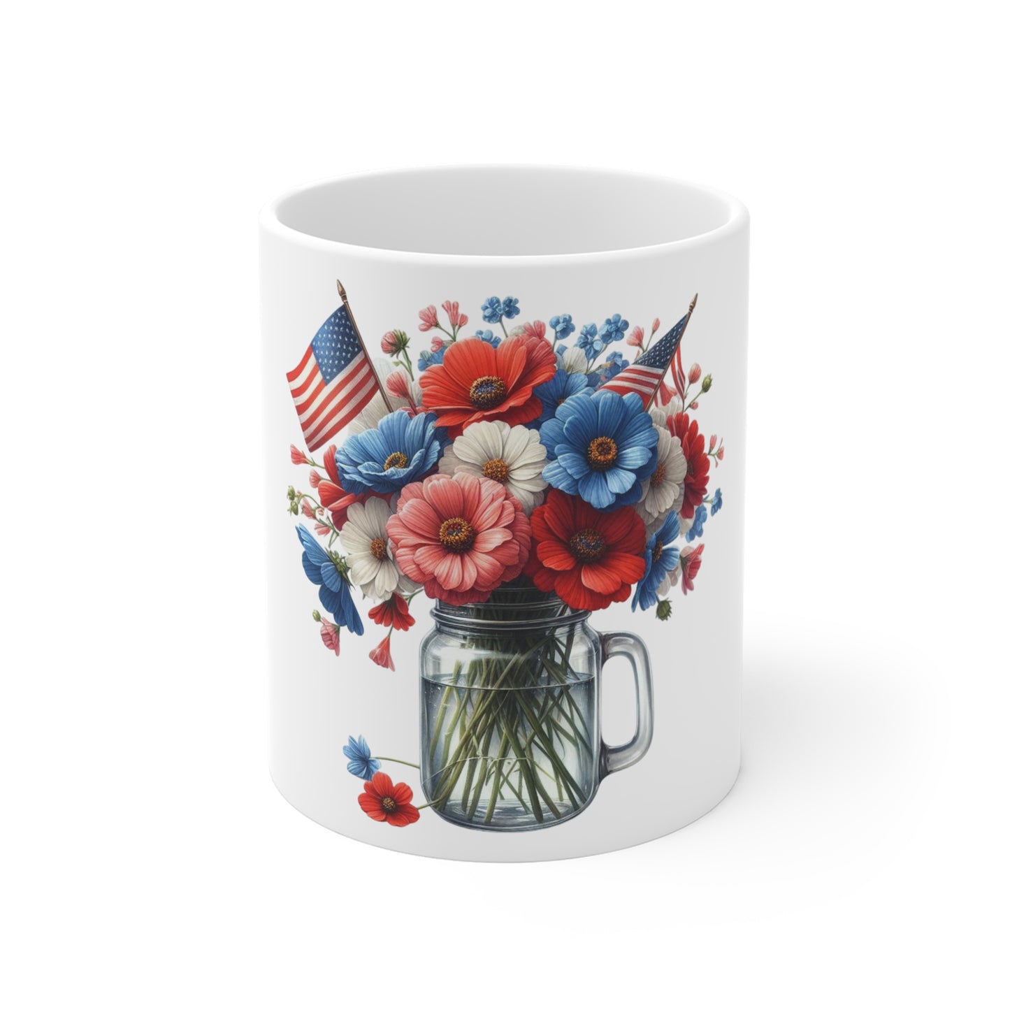 Patriotic Wildflower Mason Jar Coffee Mug – American Flag Floral Mug – Red White Blue Bouquet Cup – Americana Summer Gift Mug Patriotic Mason Jar Floral Mug — Americana Red White Blue Coffee Cup (11...
