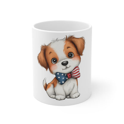 Cute Patriotic Puppy Bow Tie Coffee Mug – 4th of July Dog Mug – Americana Puppy with Flag Bow Tie Cup – Red White Blue Pet Lover Gift Cute Puppy Mug - 11oz Coffee Cup with Patriotic Bow Tie (American...