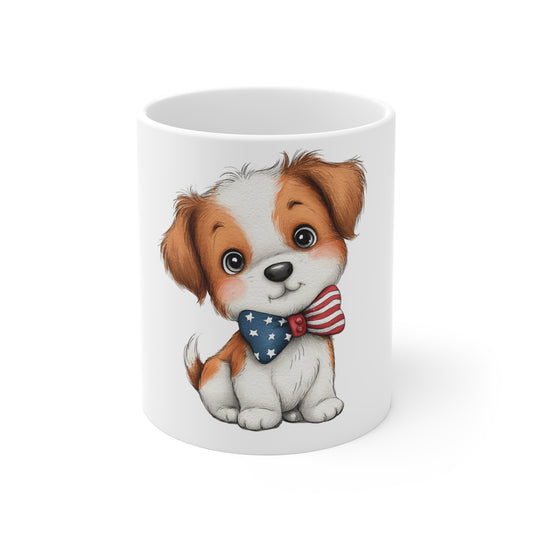 Cute Patriotic Puppy Bow Tie Coffee Mug – 4th of July Dog Mug – Americana Puppy with Flag Bow Tie Cup – Red White Blue Pet Lover Gift Cute Puppy Mug - 11oz Coffee Cup with Patriotic Bow Tie (American...
