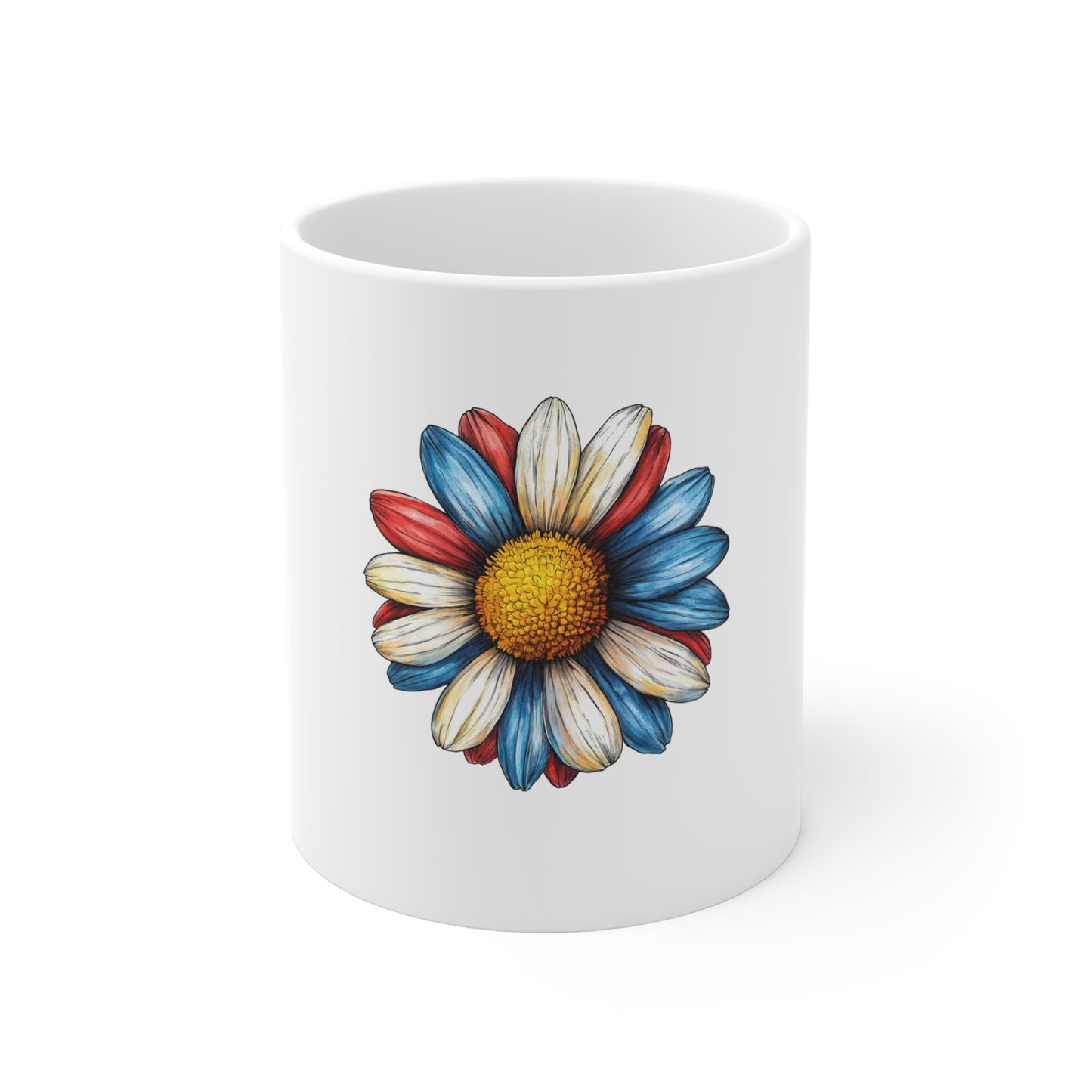 Patriotic Daisy Coffee Mug - Red White Blue Floral 11oz Ceramic