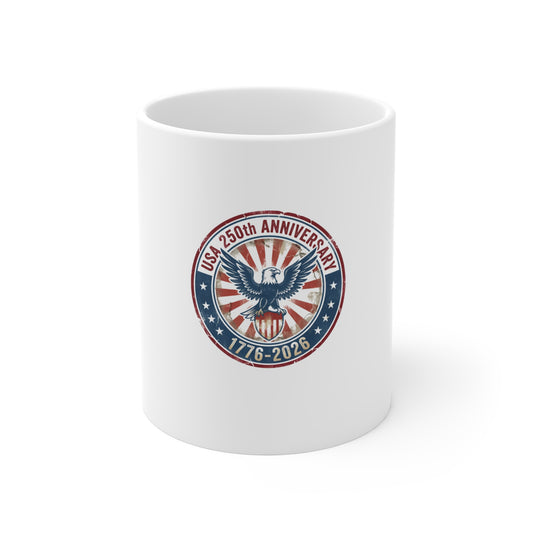 USA 250th Anniversary Eagle Coffee Mug – Vintage Patriotic Seal Mug – 1776–2026 Americana Badge Cup – Distressed Freedom Design Mug 11oz