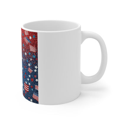 Patriotic Confetti Flag Coffee Mug – Red White Blue Glitter Mug – Mini American Flags Starburst Cup – Festive USA Celebration Mug 11oz Mug - Patriotic Red White Blue Confetti with American Flags (...