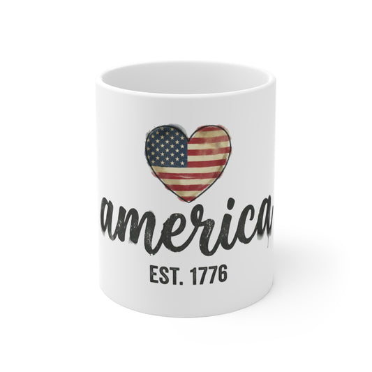 Vintage America Heart Flag Coffee Mug – Patriotic Script USA Mug – Rustic Americana Love Design – EST 1776 Gift Mug 11oz