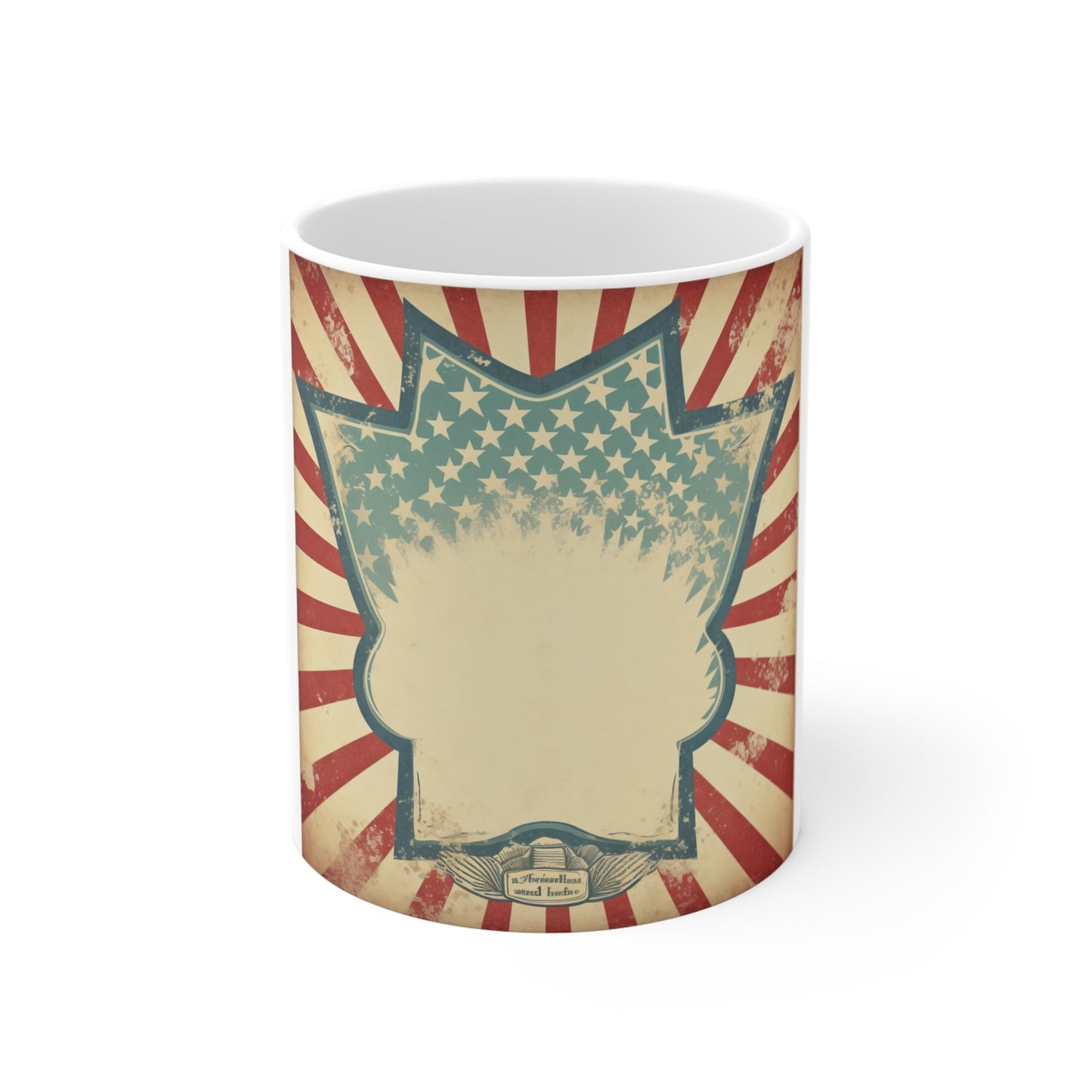 Vintage Patriotic Badge Coffee Mug – Distressed Americana Frame Mug – Retro USA Starburst Design Cup – Rustic Custom Style MugVintage American Flag Retro Badge Mug — Patriotic 11oz Coffee Cup