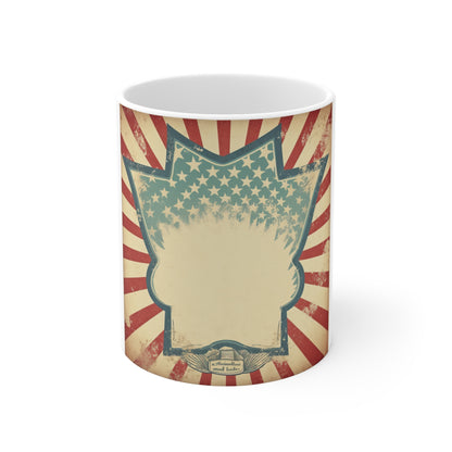 Vintage Patriotic Badge Coffee Mug – Distressed Americana Frame Mug – Retro USA Starburst Design Cup – Rustic Custom Style MugVintage American Flag Retro Badge Mug — Patriotic 11oz Coffee Cup