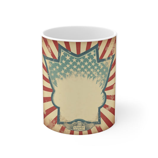 Vintage Patriotic Badge Coffee Mug – Distressed Americana Frame Mug – Retro USA Starburst Design Cup – Rustic Custom Style MugVintage American Flag Retro Badge Mug — Patriotic 11oz Coffee Cup
