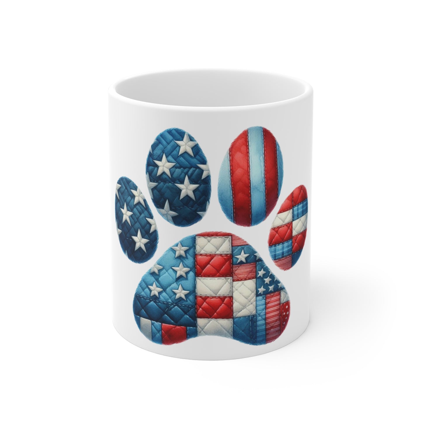 Bold Americana Dog Paw Coffee Mug – Red White Blue Star Quilt Paw Print Mug – Patriotic Dog Lover Gift – USA Flag Style Mug American Flag Paw Print Mug — 11oz Patriotic Dog Lover Coffee Cup