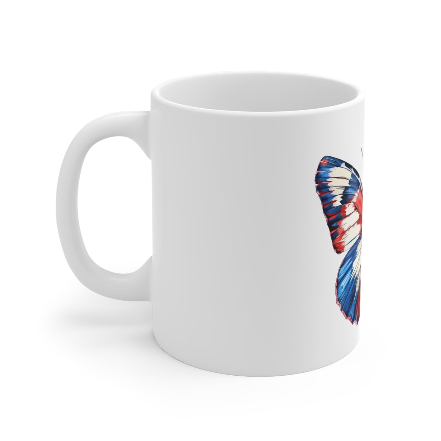 Bold Patriotic Butterfly Mug – Red White Blue Brushstroke Coffee Mug – Modern Americana Art Cup – USA Gift Mug