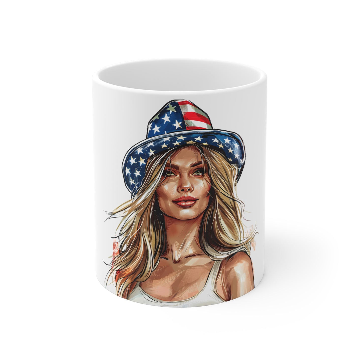 Patriotic Americana Glam Coffee Mug – USA Flag Hat Woman Mug – Bold Portrait Art Cup – Premium 4th of July Gift Mug 11oz