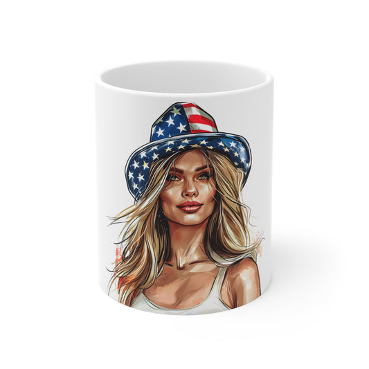 Patriotic Americana Glam Coffee Mug – USA Flag Hat Woman Mug – Bold Portrait Art Cup – Premium 4th of July Gift Mug 11oz