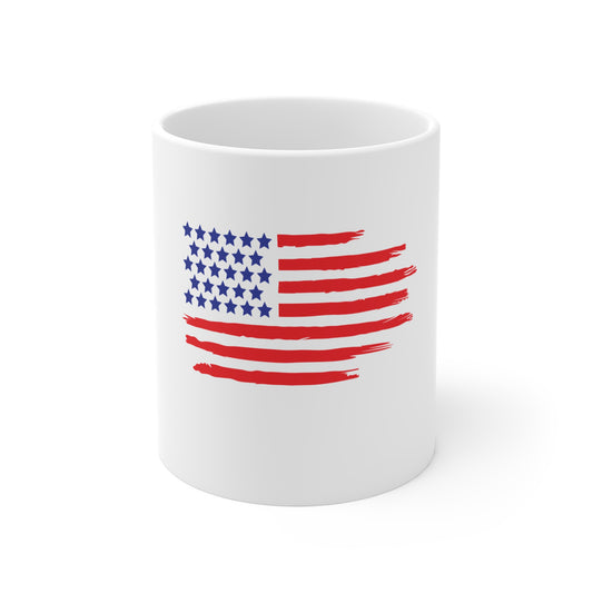 Distressed American Flag Coffee Mug – Grunge USA Flag Mug – Bold Brushstroke Patriotic Cup – Red White Blue Gift Mug 11oz