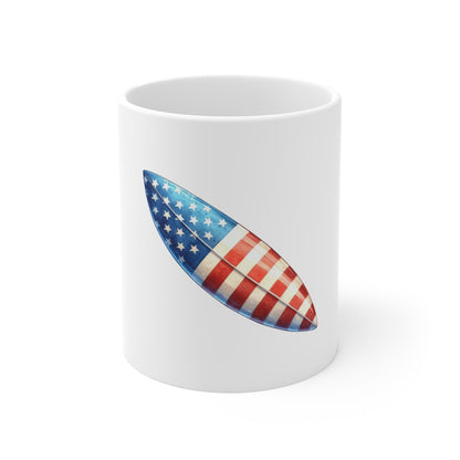 American Flag Surfboard Mug — Patriotic 11oz Coffee Cup