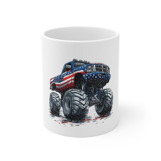 Patriotic Monster Truck Coffee Mug – American Flag Lifted Truck Mug – Rugged USA Off-Road Design – Bold Americana Gift Mug 11oz