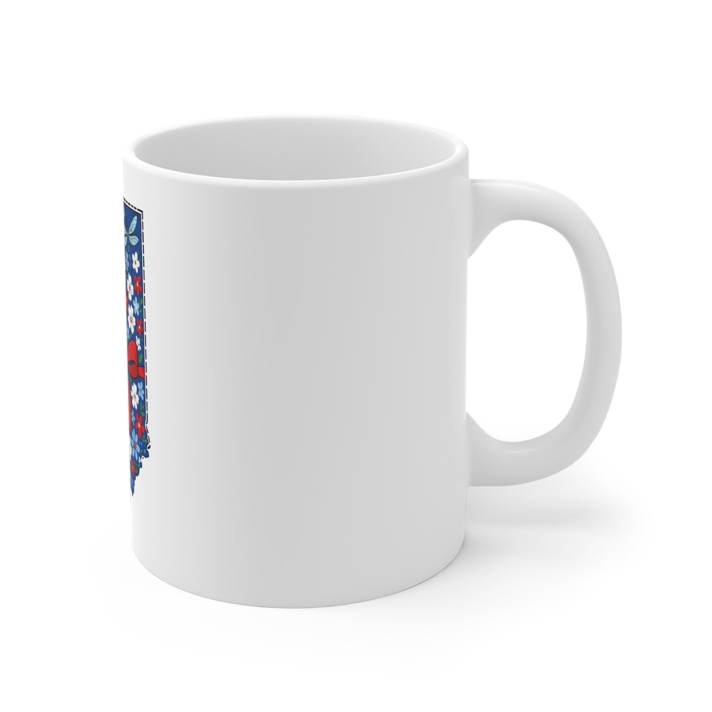 Indiana Floral State Mug — 11oz Red Bow & Blue Flower Coffee Cup