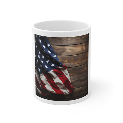 Rustic Draped American Flag Coffee Mug – USA Flag on Wood Background Mug – Patriotic Vintage Style Mug – Americana Wood Grain Cup American Flag Ceramic Mug – Rustic USA Stars & Stripes 11oz Coffee Cup...