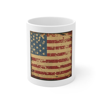 Vintage American Flag Coffee Mug – Distressed Patriotic USA Mug – Classic Worn Flag 11oz Ceramic Cup – Gift for Proud Americans