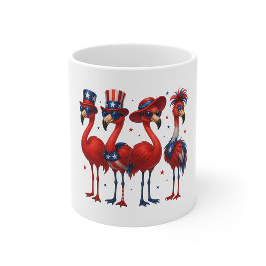 Patriotic Flamingo 11oz Mug — Red, White & Blue Fourth of July Coffee Cup