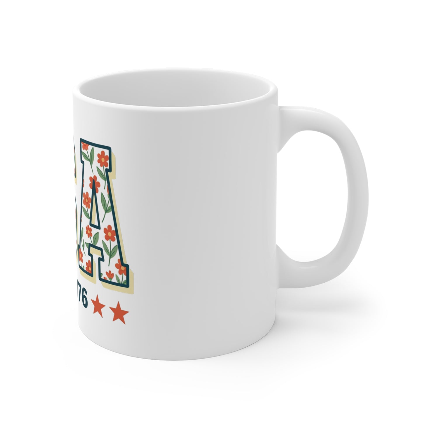 USA Est 1776 Retro Floral Coffee Mug – Vintage Botanical Patriotic Mug – Warm Tone Americana Flower Cup – Stylish USA Gift Mug 11oz