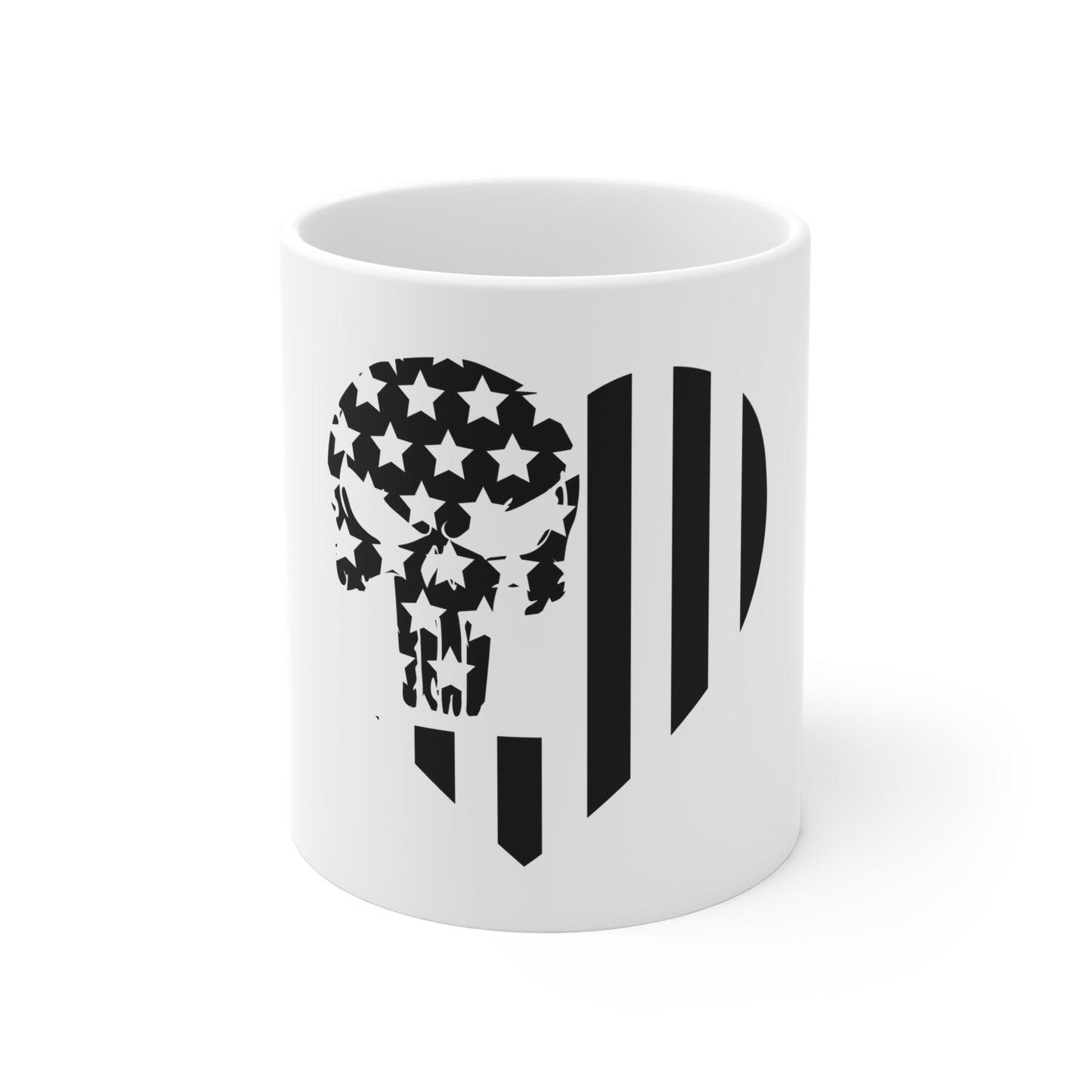 Blacked Out Split Flag Skull Mug – Tactical American Skull Coffee Mug – Stealth USA Skull Cup – Minimalist Patriotic Skull Mug 11oz