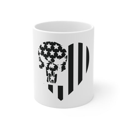 Blacked Out Split Flag Skull Mug – Tactical American Skull Coffee Mug – Stealth USA Skull Cup – Minimalist Patriotic Skull Mug 11oz