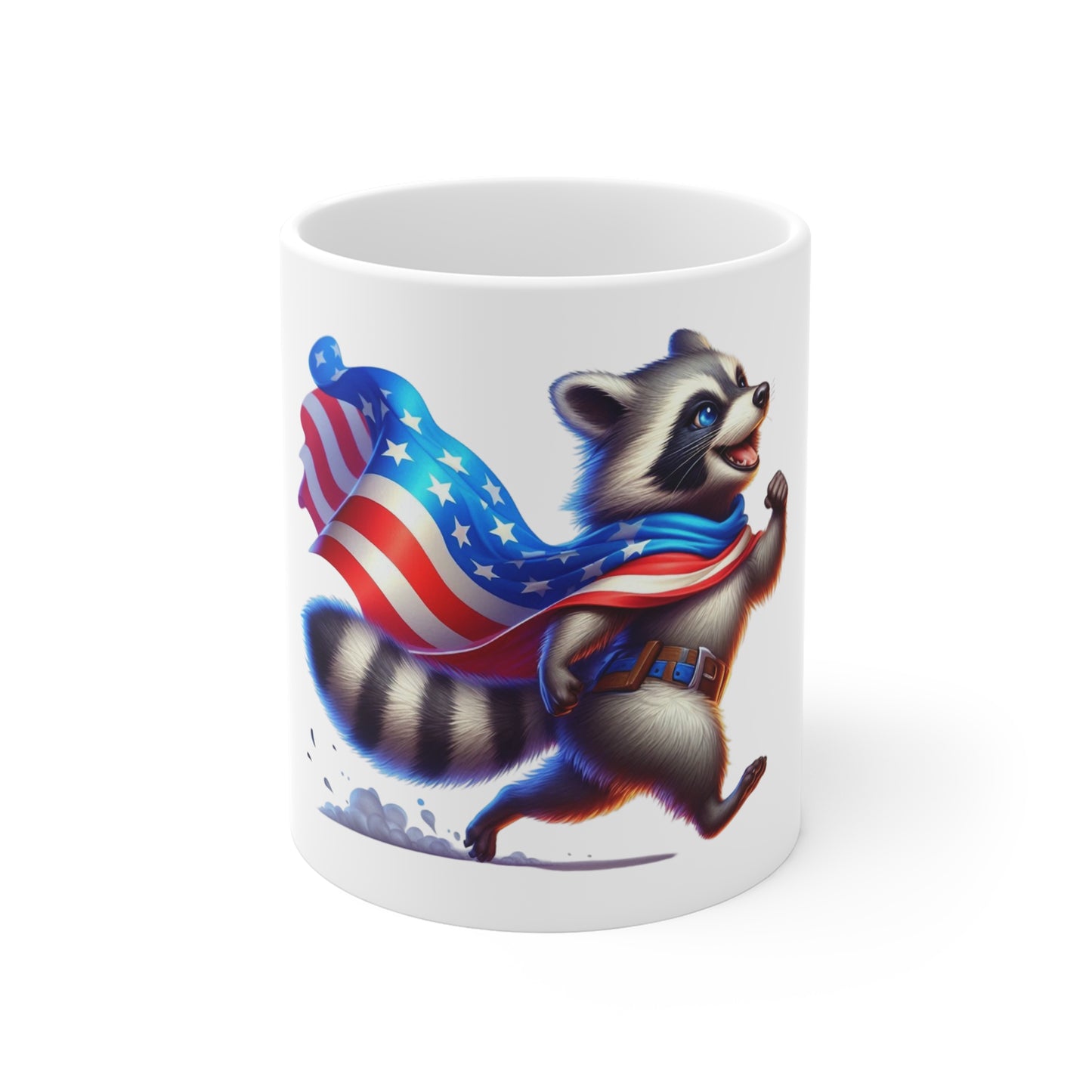 Patriotic Raccoon Coffee Mug – American Flag Raccoon Mug – Freedom Running Raccoon Cup – Red White Blue USA Mug 11oz