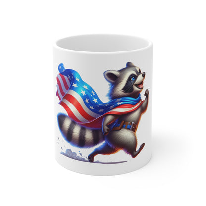 Patriotic Raccoon Coffee Mug – American Flag Raccoon Mug – Freedom Running Raccoon Cup – Red White Blue USA Mug 11oz