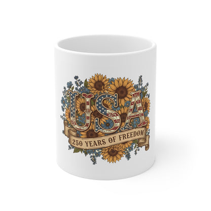 USA 250 Years of Freedom Ceramic Mug — Sunflower Patriotic 11oz Coffee Cup