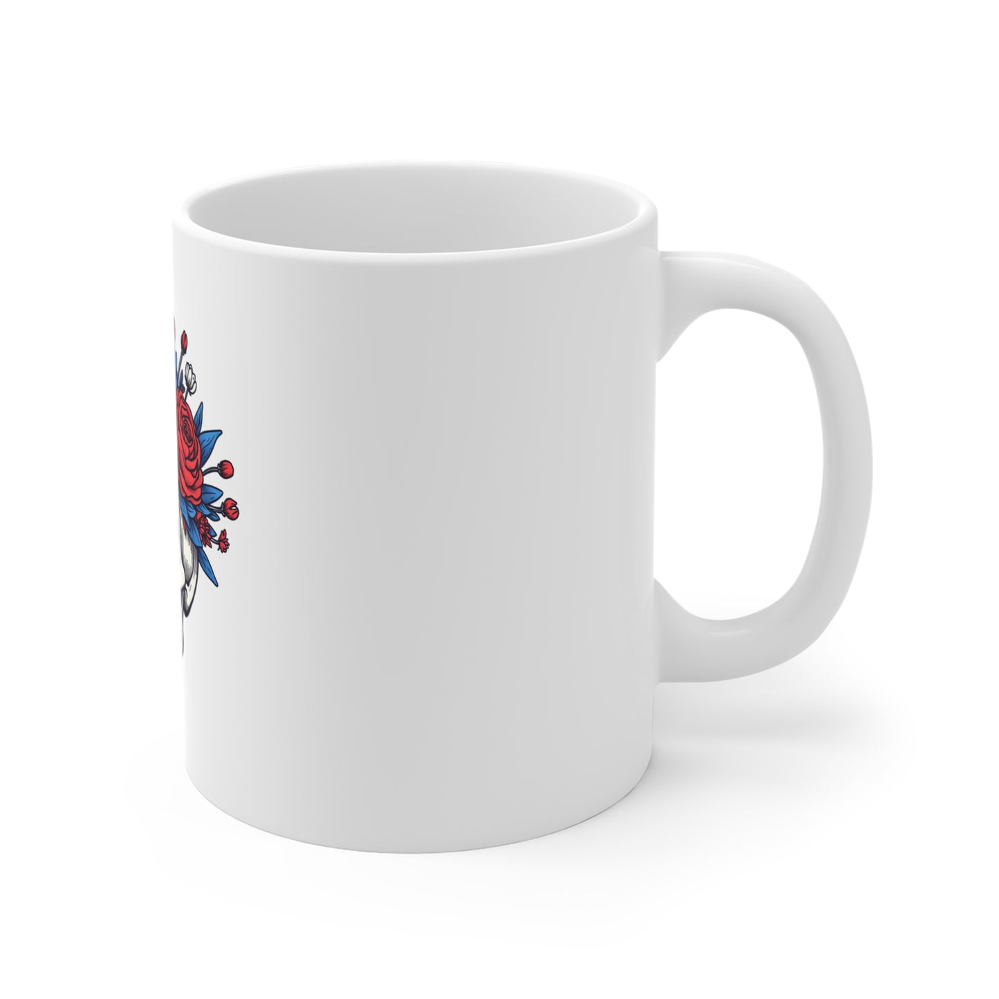 Floral Skull Ceramic Mug — Day of the Dead Skull with Red & Blue Roses (11oz)