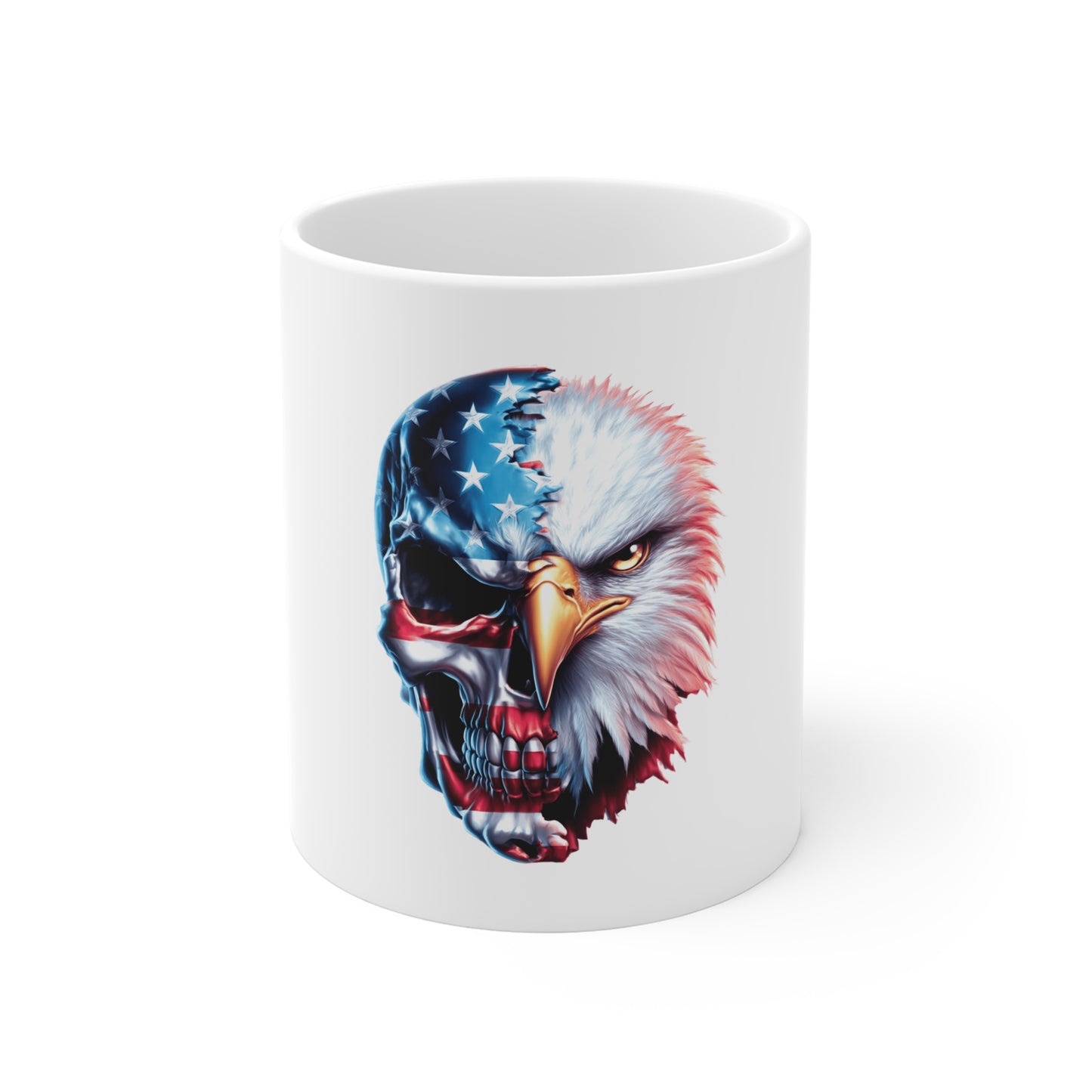 Patriotic Eagle Skull Coffee Mug – Half Skull Half Eagle USA Mug – American Flag Hybrid Design Cup – Bold Freedom Mug 11oz