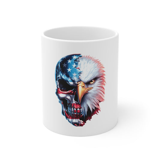 Patriotic Eagle Skull Coffee Mug – Half Skull Half Eagle USA Mug – American Flag Hybrid Design Cup – Bold Freedom Mug 11oz