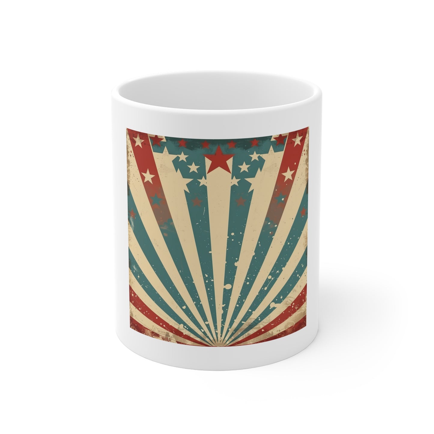 Retro Patriotic Starburst Coffee Mug – Vintage USA Stars & Stripes Mug – American Flag Inspired 11oz Ceramic Cup – Unique Americana Gift