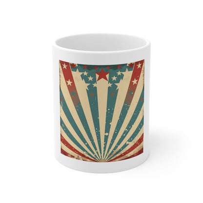 Retro Patriotic Starburst Coffee Mug – Vintage USA Stars & Stripes Mug – American Flag Inspired 11oz Ceramic Cup – Unique Americana Gift