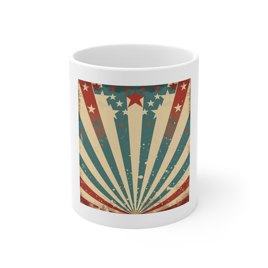 Retro Patriotic Starburst Coffee Mug – Vintage USA Stars & Stripes Mug – American Flag Inspired 11oz Ceramic Cup – Unique Americana Gift