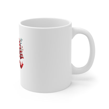 American Flag Floral Mug — Patriotic 11oz Coffee Cup (Stars & Stripes with Red Roses)
