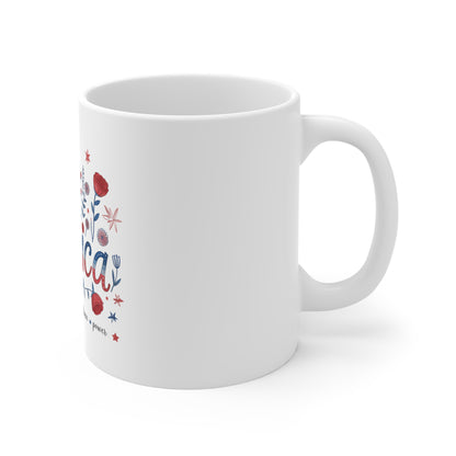 America Floral Mug — Patriotic 11oz Coffee Cup (Freedom • Bravery • Independence • Peace)