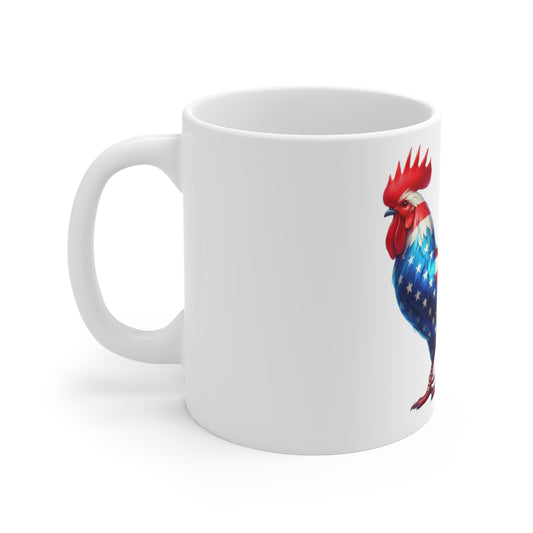 Patriotic Rooster Coffee Mug – American Flag Chicken Mug – Red White Blue Rooster Cup – Bold USA Farmhouse Gift American Flag Rooster Mug — Patriotic 11oz Coffee Cup