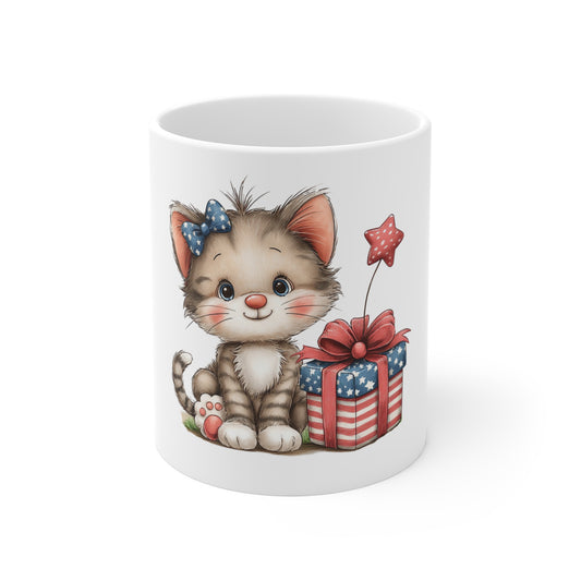 Cute Patriotic Cat Coffee Mug – 4th of July Kitten Mug – Americana Gift Mug – Red White Blue Animal Lover Cup – Adorable USA Mug Cute Patriotic Kitten Mug — 11oz Cat Gift with American Flag Present...