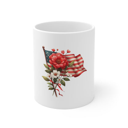 Patriotic Floral Flag Mug — American Flag Bouquet 11oz