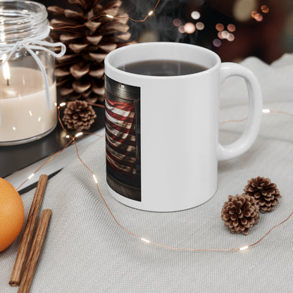 Hanging American Flag Coffee Mug – Rustic Wood Wall USA Flag Mug – Vintage Americana Banner Mug – Patriotic Coffee Cup American Flag 11oz Coffee Mug – Rustic USA Patriotic Pride Gift