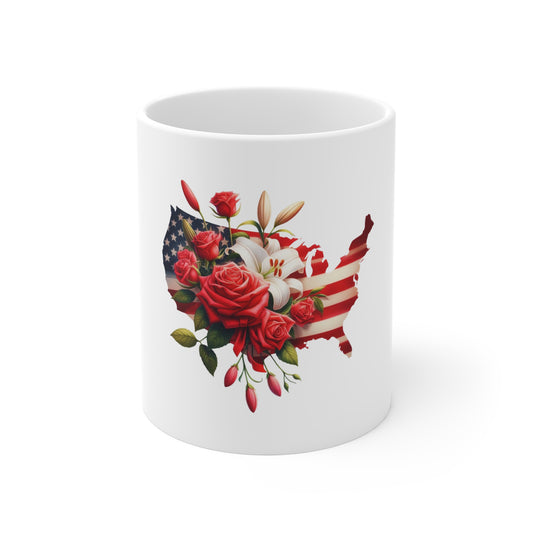 Floral American Flag Map Mug — Patriotic Rose USA 11oz Coffee Cup