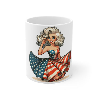 Patriotic Pin-Up Classic Beauty Mug – Vintage Americana Woman Coffee Mug – Retro USA Flag Dress Cup – Timeless American Girl Mug – Fourth of July Gift Patriotic Pin-Up Girl Mug – 11oz American Flag...