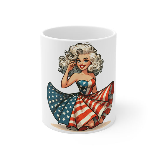 Patriotic Pin-Up Classic Beauty Mug – Vintage Americana Woman Coffee Mug – Retro USA Flag Dress Cup – Timeless American Girl Mug – Fourth of July Gift Patriotic Pin-Up Girl Mug – 11oz American Flag...