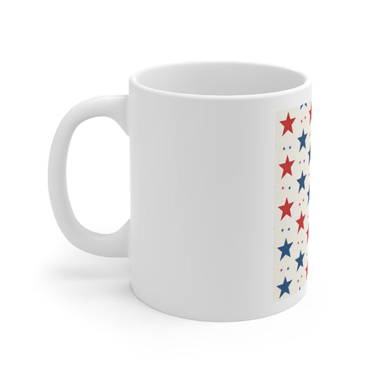 Classic Americana Star Coffee Mug – Red Blue Star Pattern Mug – Simple Patriotic Stars Cup – Clean Minimalist Americana Mug Patriotic Red & Blue Star Pattern Mug — 11oz Ceramic Coffee Cup