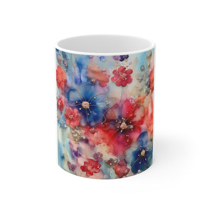 Patriotic Pastel Floral Coffee Mug – Red White Blue Watercolor Flowers Mug – Soft Americana Bloom Cup – Elegant Artistic Gift Floral Watercolor 11oz Coffee Mug — Red & Blue Bloom Pattern