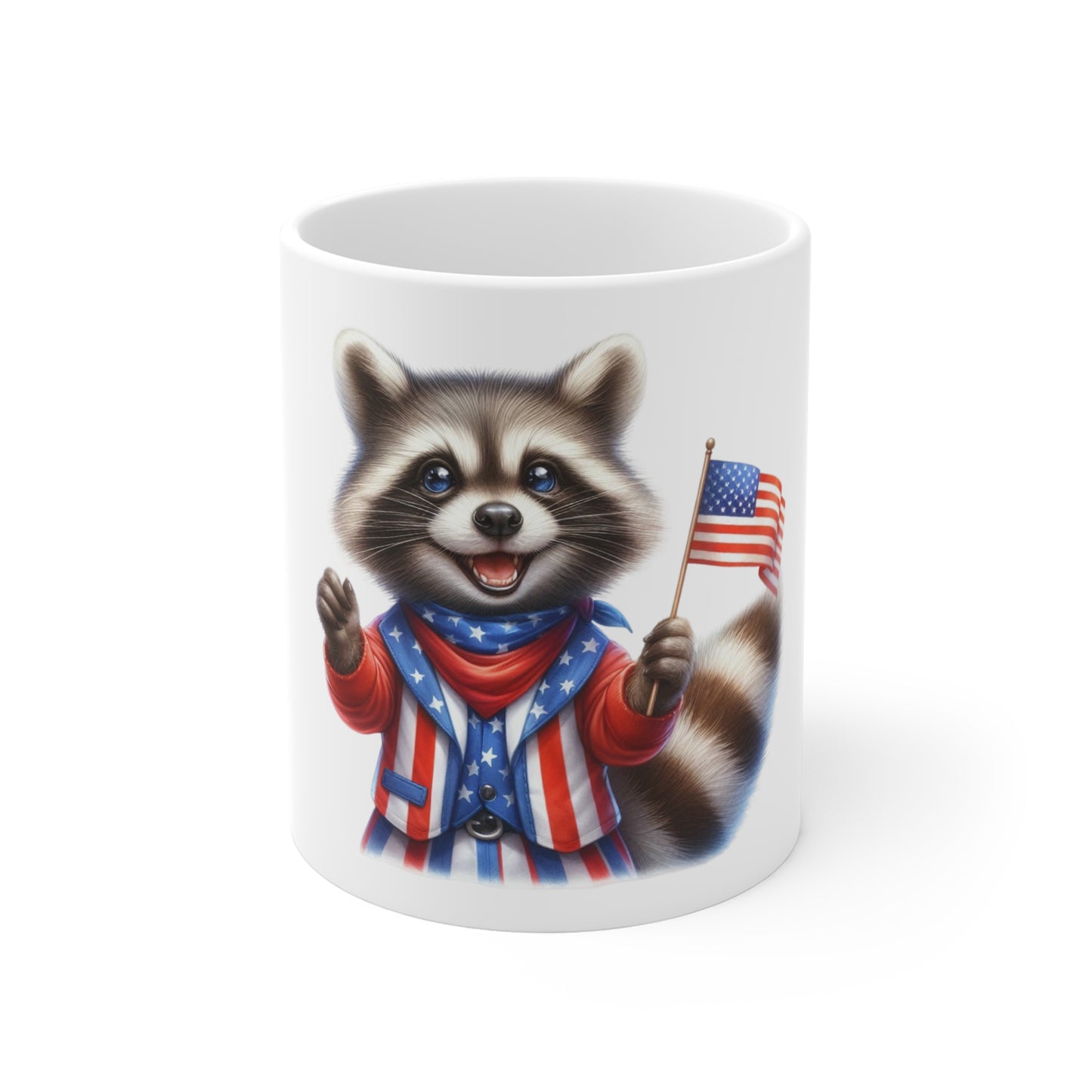Patriotic Raccoon Coffee Mug – Uncle Sam Raccoon Mug – Cute USA Animal Mug – Red White Blue Flag Mug 11oz