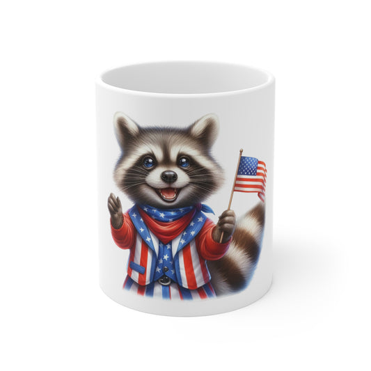 Patriotic Raccoon Coffee Mug – Uncle Sam Raccoon Mug – Cute USA Animal Mug – Red White Blue Flag Mug 11oz