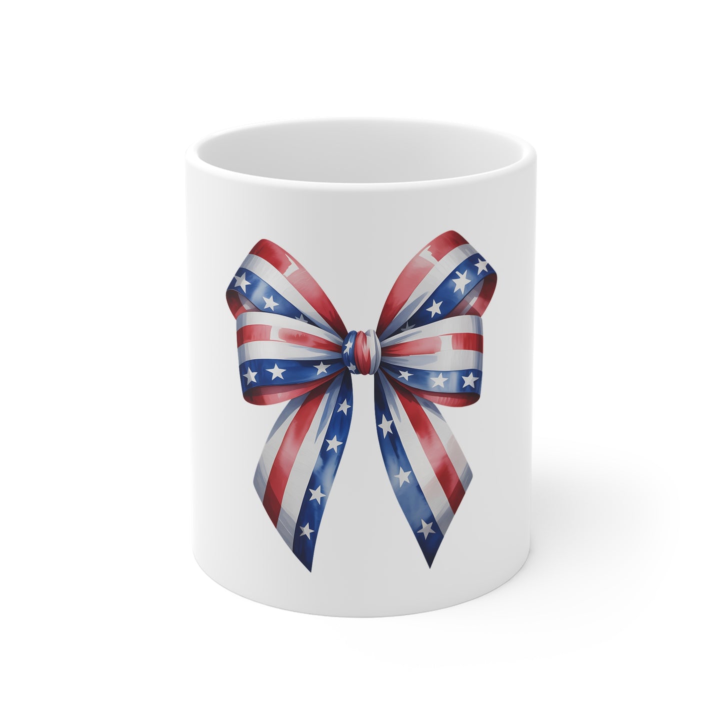 Patriotic Ribbon Bow Mug — American Flag Stars & Stripes 11oz Coffee Cup
