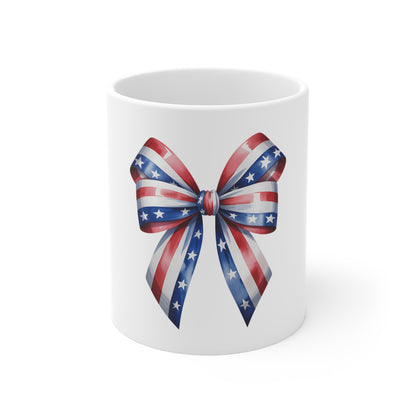 Patriotic Ribbon Bow Mug — American Flag Stars & Stripes 11oz Coffee Cup